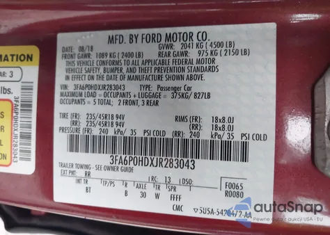 2018 Ford Fusion Se z USA, uszkodzony, nr VIN 3FA6P0HDXJR283043